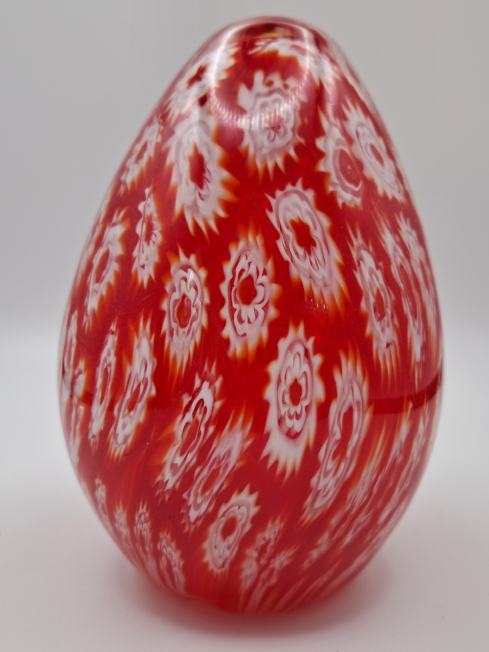MCM Murano Style Millefiori Glass Egg Paperweight Red White Art Glass  4.25"
